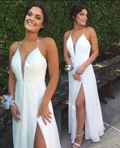 Halter neck A-line White Chiffon Evening Dress Slit Women Evening Dress - $109.00