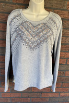 Miss Me Sweatshirt Large Gray Long Sleeve Jewels Boho Print Back Shirt Top - $16.15