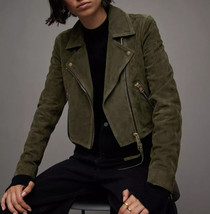 Women Green Genuine Soft Pure Suede Leather Jacket Biker Casual Classy Handmade - £100.58 GBP+