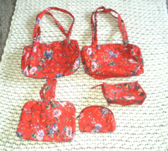 Travel Bag Set Red &amp; Blue Floral 6 Pieces Plastic Lined Never Used Vintage - $40.64