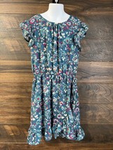 Wonder Nation Green Floral Short Sleeve Tie Front Dress Girls Size 10/12 Ruffle - £3.55 GBP