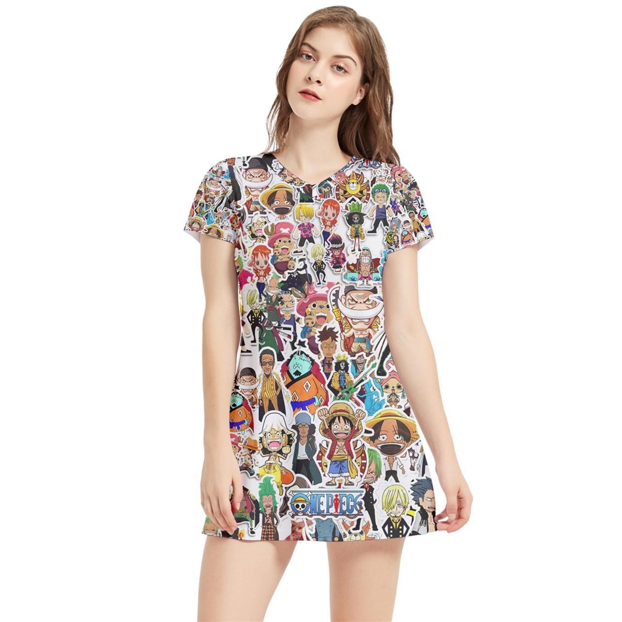 One Piece Anime Manga Sticker Bomb Design Hipster Sexy Short Sleeve V-Ne... - $32.99