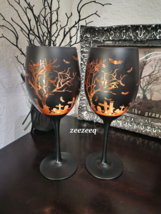 Halloween Graveyard Cemetery Orange Black Wine Glasses New Set of 2 - £34.00 GBP
