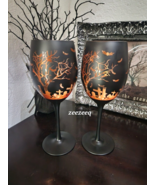 Halloween Graveyard Cemetery Orange Black Wine Glasses New Set of 2 - £34.36 GBP