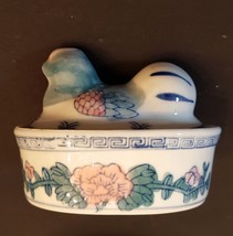 Ceramic Chicken Hen on Nest Trinket Candy Dish Sugar Bowl Pink Flower Gr... - $12.79