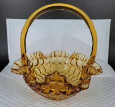 Vintage Fenton Amber Glass Basket with Handle 7 1/2&quot; H Thumbprint Ruffled Edge - £20.84 GBP