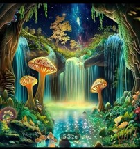 90.5&quot;x70.8&quot;Waterfall Forest Glow Mushrooms Fantasy Black LT Tapestry WallHanging - £17.85 GBP