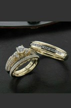 14k Gold Plated Lab Created Diamond His &amp; Her Trio Set Bridal Engagement... - £139.87 GBP