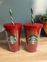 2 x STARBUCKS 2016 GLITTER RED CHRISTMAS 16-OZ COLD DRINK TUMBLER, LID &amp;... - £22.68 GBP