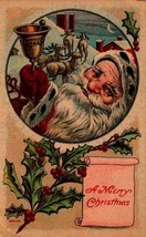 Santa Ringing Bell w/ Reindeer A Merry Christmas Antique 1910&#39;s postcard bk50 - £3.18 GBP