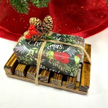 Organic Peppermint Soap with Wood Dish Holder Saver Tray Bath Merry Christmas - £11.22 GBP