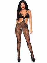 Floral lace strappy cut out bodystocking OS BLACK - £32.20 GBP