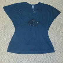 Womens Top Apostrophe Black Short Sleeve V-Neck Sequined Shirt-size M - $15.84