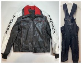 Yamaha Leather Snowmobile Suit Mens Small Black Lined Jacket Bib Overall VTG 70s - £200.11 GBP