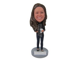 Custom Bobblehead Beautiful Girl Wearing A T-Shirt And Jeans With High Heels - L - £70.31 GBP
