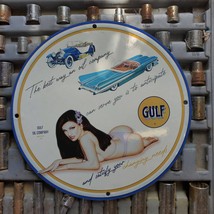 Vintage 1956 Gulf Refining Company Facility Porcelain Gas &amp; Oil Metal Sign - £98.36 GBP