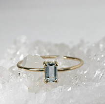 Aquamarine Engagement Ring 14k Solid Gold Emerald Cut Aquamarine Ring - £795.51 GBP