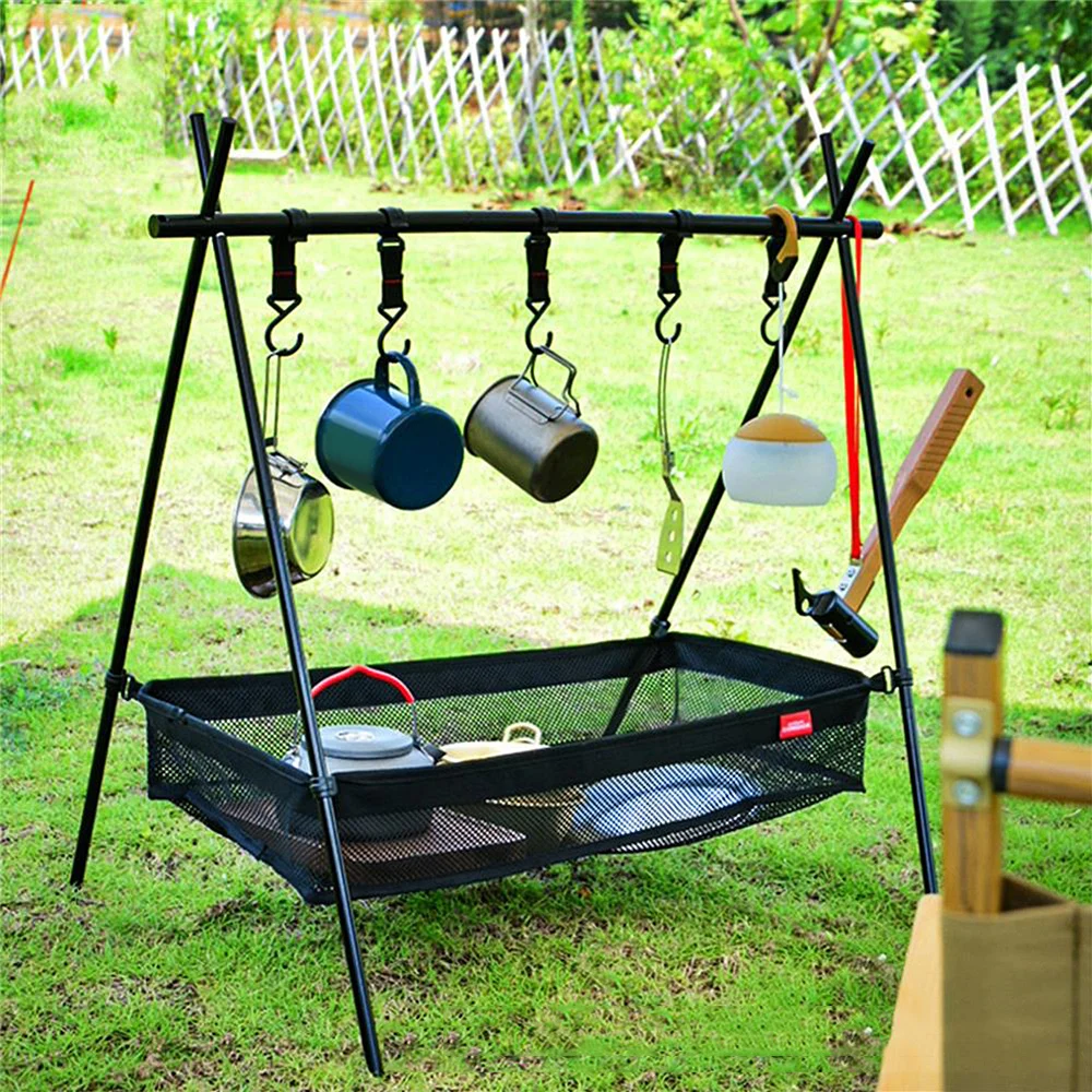 Outdoor Cookware Hanging Rack with Under Net Bag Hanging Organizer Stand Support - £17.94 GBP+