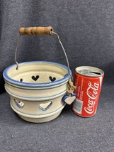 Hand Crafted Pottery Basket Heart Cutouts Blue With Wire Bail Wood Handle Exc. - £7.39 GBP