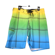 Hang Ten Board Shorts Mens 34 Yellow Green Blue Plaid Stretch Swim Trunks Surfer - £14.81 GBP