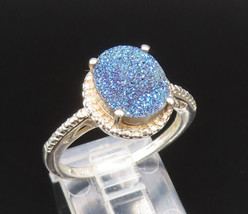 925 Sterling Silver - Vintage Blue Drusy Quartz Scroll Ring Sz 8.5 - RG2... - £26.87 GBP