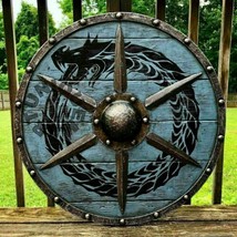 Viking Runes Helm of Awe Aegishjalmur Norse Pattern Wooden Round Shield LARP - £83.96 GBP
