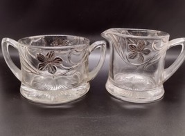 Antique Indiana Glass Co EAPG Clear Glass Sugar Open Creamer Set Silver Floral - £12.39 GBP