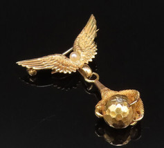 14K GOLD - Vintage Cultured Pearl Eagle Wings &amp; Diamond Ball Brooch Pin ... - £589.53 GBP