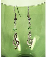 Music Note Treble Clef Earrings Drop Dangle Handmade Green Crystal 1.8&quot; - £7.90 GBP
