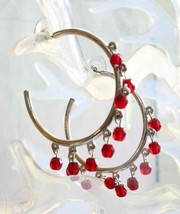 Elegant Red Cut Glass Silver-tone Pierced Hoop Earrings 1980s vint. 1 1/2&quot; - £11.17 GBP