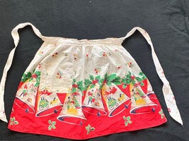 Vintage Christmas Bells Half Apron with Holiday Print &amp; Pocket - $25.88