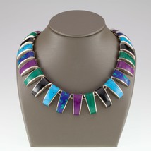 Taxco Mexico Plata de Ley Multicolor Incrustación Cuña Cut Collar Piedra 38.1cm - £553.83 GBP