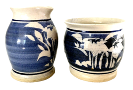 Studio Pottery Creamer &amp; Sugar Bowl Set Blue &amp; White Handmade 3.5&quot; 4.5&quot;H... - £20.85 GBP