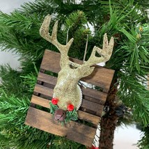 Reindeer Christmas Ornament Antlers Wood Deer Buck Handmade Rustic - £8.54 GBP