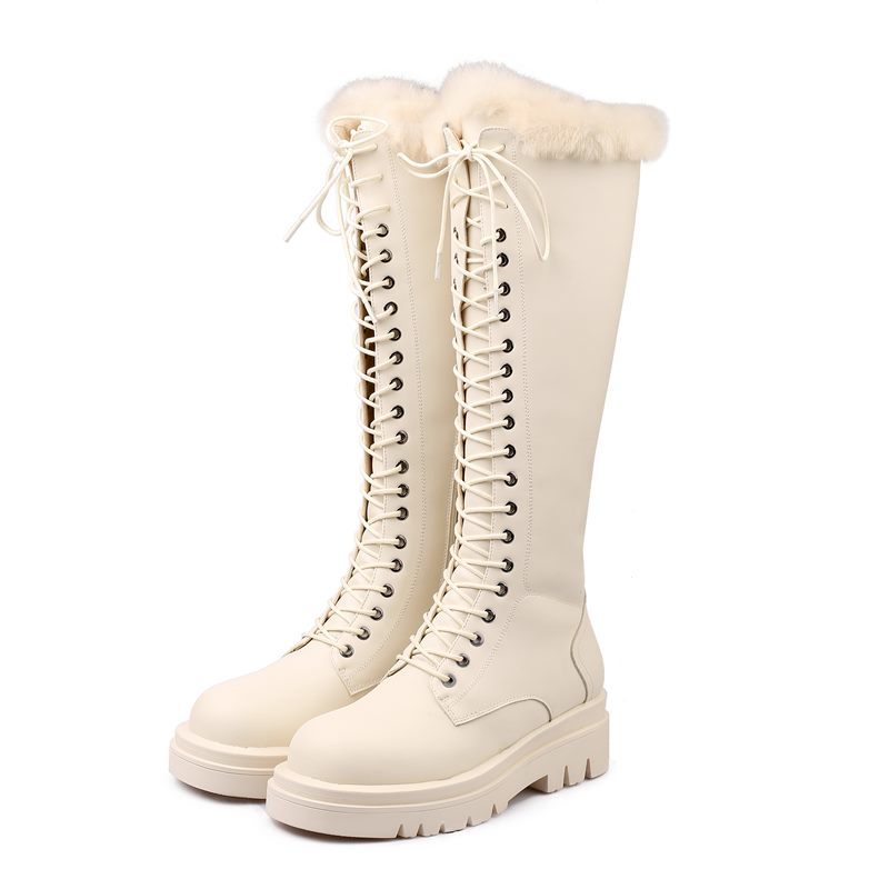 Primary image for Size 34-43 New Fashion Cow Leather Thick Warm Winter Boots Lace Up Knee High Boo