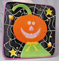 Jack O Lantern Happy Pumpkin Spider Web Plate Ceramic Studio 33 Square 9.5&quot; - £11.99 GBP