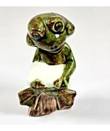 Green Frog Figurine 2.5in Sitting with Book Stoneware Toad Statue VTG Cute - $9.89