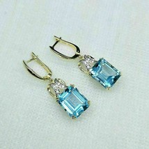 4Ct Emerald Cut Blue Topaz Solitaire Drop/Dangle Earrings 14K Yellow Gold Finish - £76.44 GBP