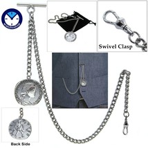 Albert Chain Silver Pocket Watch Chain for Men Old Coin Design Fob T Bar AC73 - £9.87 GBP+