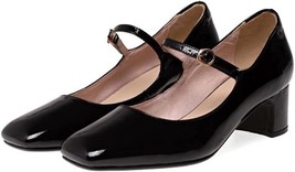 Women&#39;s Patent Leather Closed Toe Retro Ankle Strap Buckled Chunky Heel Mary Jan - £34.16 GBP