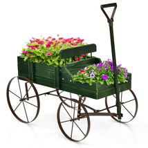 Garden Plant Planter Wooden Wagon Planter W/ Wheel Garden Yard Green - £56.97 GBP