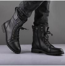 Handmade black ankle high leather boot, men&#39;s zipper lace up formal boot - £120.99 GBP