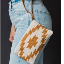 Cream Camel Brown Western Aztec Cotton Woven Leather Wristlet - $590.51 MXN
