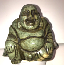 Vintage Hand Carved Green-White Marble  Seated, Laughing Buddha - £17.63 GBP