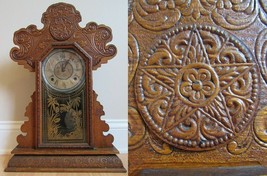 RARE antique gingerbread clock E INGRHAM mantel kitchen REVERSE PAINT ke... - £124.91 GBP