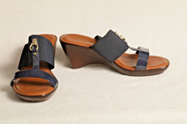 Italian Shoemakers Navy Gold Accents Sandal Wedge Strap Elastic Shoes US... - $26.50 CAD