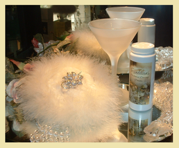 White Ruffles ~ 6 oz Perfumed Dusting Powder w/ Puff &amp; Glass Stand by Renditions - £47.84 GBP