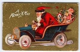 Santa Claus Christmas Postcard Driving His Automobile Car &amp; Toys Embossed 1911 - £15.97 GBP