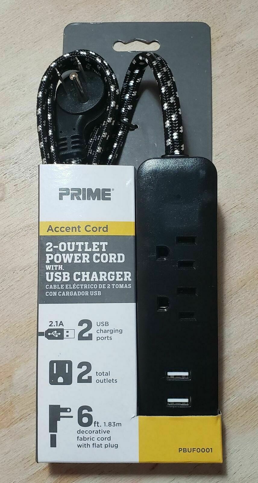 NEW Prime 2-Outlet 2-Port 2.1AMP USB Power Strip 6ft Accent Braided Blac... - $18.88