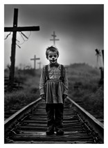 Creepy Child Clown On Railroad Tracks Halloween 5X7 B&amp;W Photo - £6.72 GBP